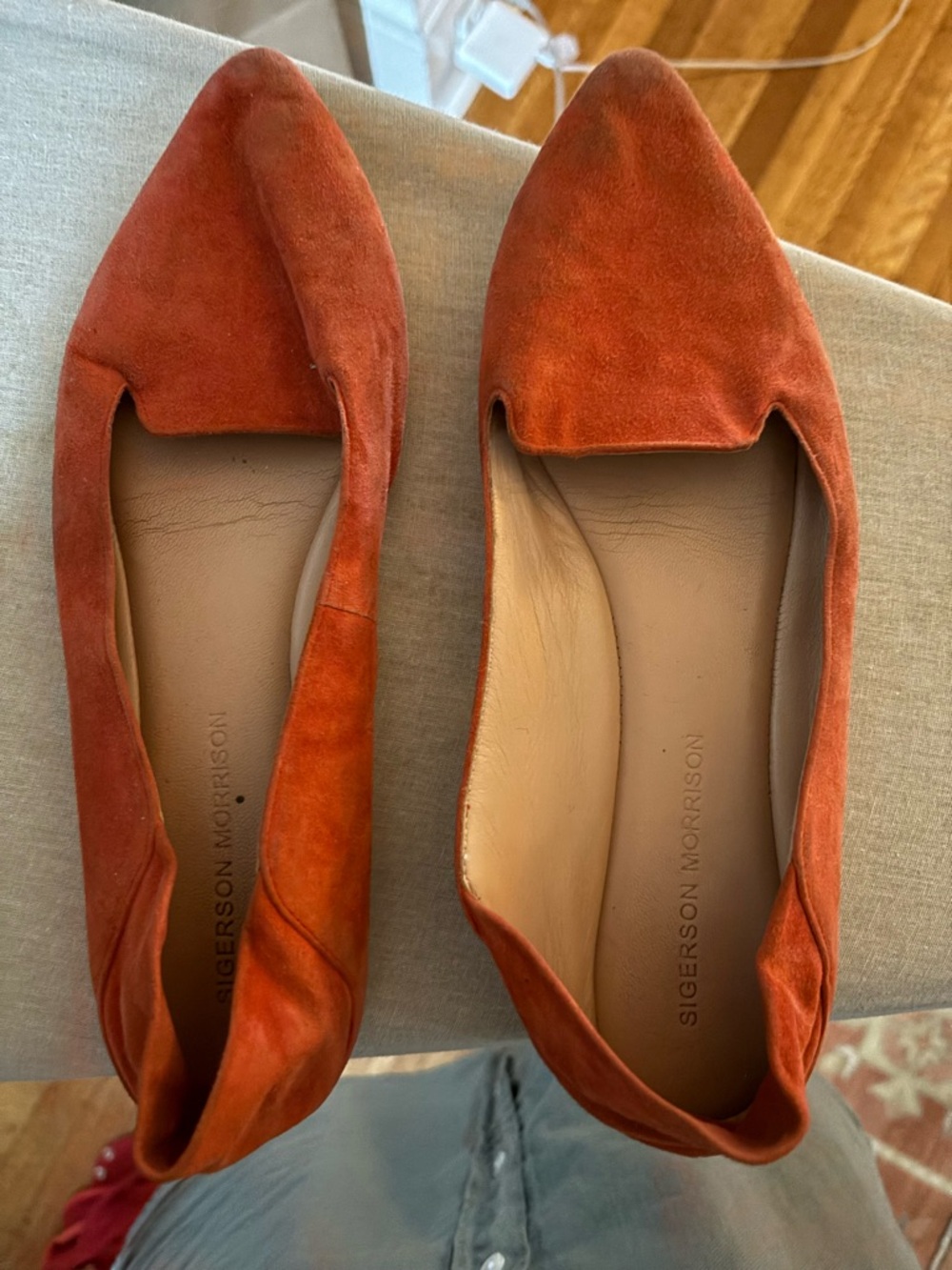 Sigerson Morrison Pointed Suede Flats in Red Orange